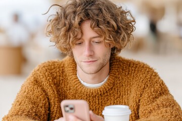 Man using smartphone while enjoying coffee at urban  outdoor lifestyle scene