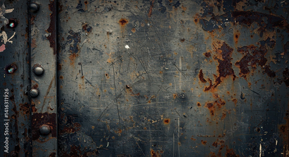 Poster heavily corroded and rusted metal surface of industrial structure showing age