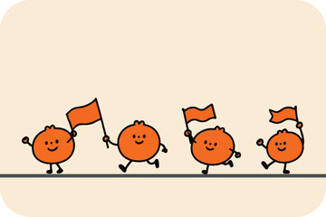 Fototapeta premium Happy Orange Parade: Four Cheerful Cartoon Oranges with Faces Waving and Moving Along a Line, Spreading Joy and Citrus Fun.