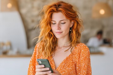 Young woman engaged with smartphone in cozy living room warm ambiance lifestyle