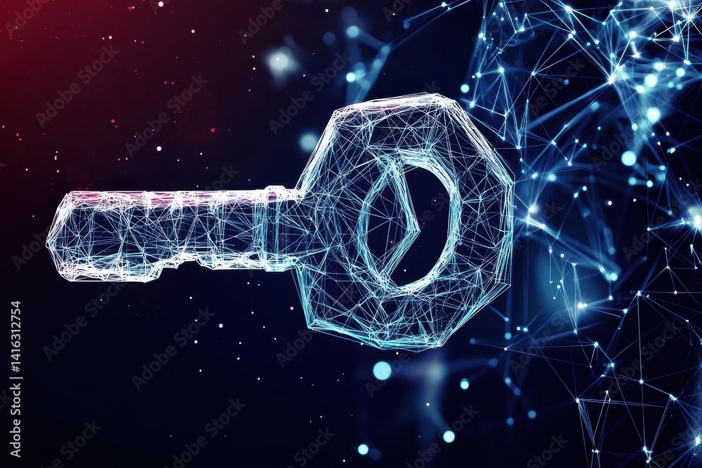 Poster a digital representation of a key, symbolizing security and access, surrounded by abstract geometric