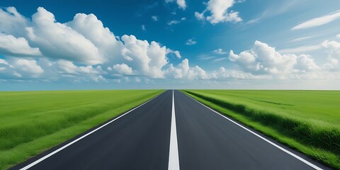 Straight road stretching through vibrant green fields under a bright blue sky with clouds, symbolizing freedom, travel, and open opportunities in nature

