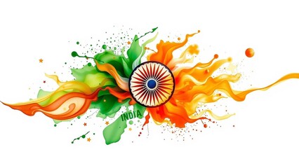 Vibrant artistic representation merging colors of a flag with central emblem on a white background; abstract design.