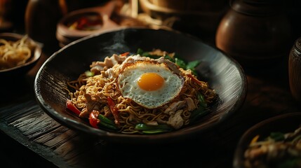 Serving of Delicious Noodles with Fried Egg on Wooden Table