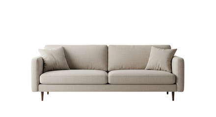 A modern minimalist sofa, Scandinavian design, soft neutral colors (beige or light gray), clean lines, no extra decoration, isolated object, front view, high-resolution, transparent background, studio