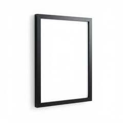 A simple black rectangular frame hanging on a white wall casting a soft shadow in a studio setting
