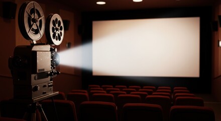 Vintage Film Projector Illuminating an Empty Cinema Theater: A Nostalgic Glimpse into Classic Movie Projection