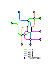 Vector illustration of scheme of metro stations and plan of subway with colorful lines on white background.