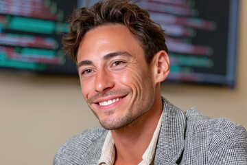 Professional business meeting with smiling man modern office portrait indoor warmth