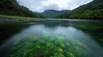 Tranquil river flowing through lush rainforest valley.  Clear water reveals riverbed stones covered in vibrant green algae.  Misty mountains in the distance