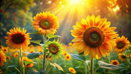 Obraz premium Radiant Sunflowers Basking in Golden Hour Light, a Vibrant Field of Blossoms