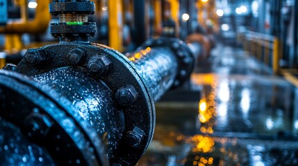 Obraz premium Industrial pipeline with condensation: wet metal surface and fluid accumulator 