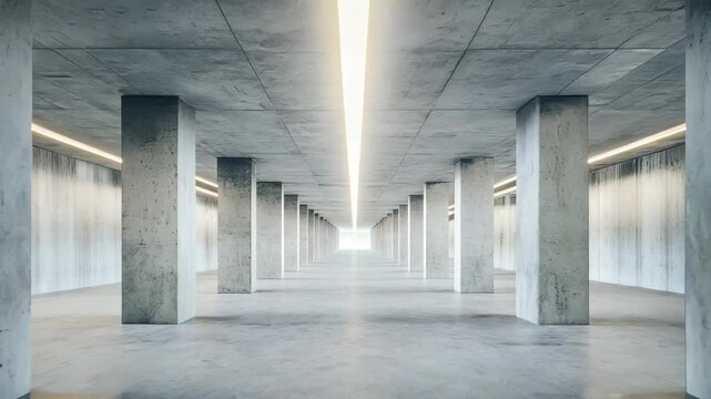 A large, empty, and empty concrete building with a lot of pillars. The pillars are white and the building is gray