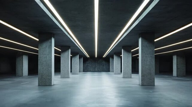 A large, empty parking garage with a lot of pillars. The pillars are lit up, creating a sense of emptiness and loneliness