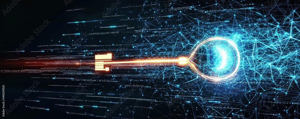 Poster a futuristic key design surrounded by dynamic lines and glowing particles, symbolizing technology an