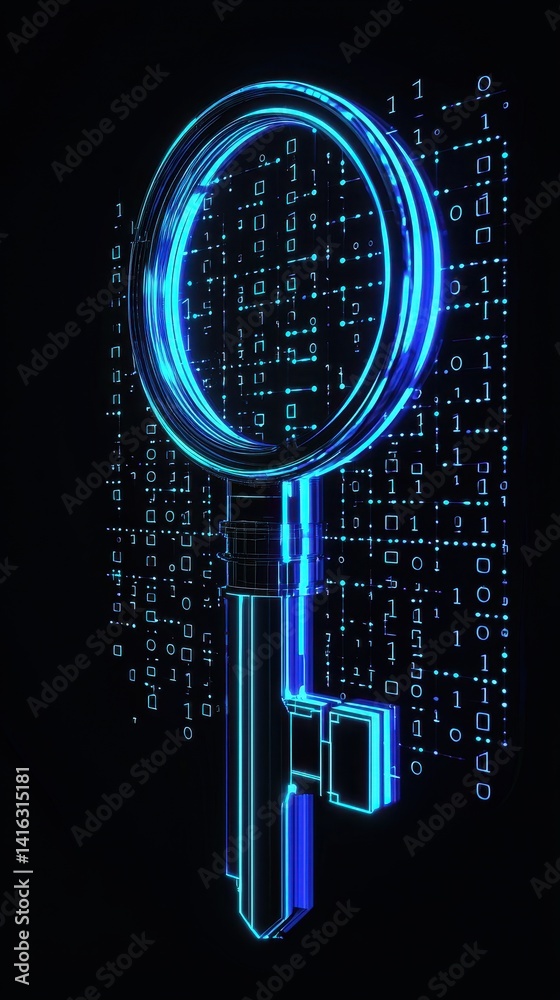 Poster a digital illustration of a futuristic key surrounded by binary code, representing security and tech