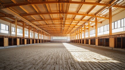 Indoor equestrian arena: sand floor wooden beams and horse stalls 