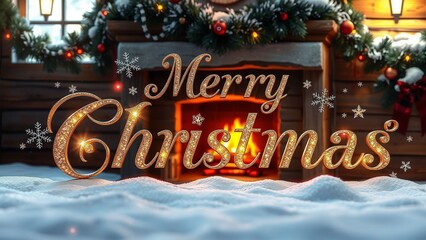 Festive holiday greeting with a fireplace in a cozy snowy setting creating a warm and joyful Christmas atmosphere.