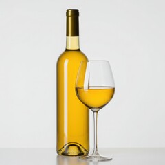 A bottle of white wine standing next to a wine glass filled with white wine on a white background