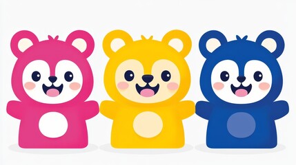 Fototapeta premium Three kawaii pixelated bears holding hands in pink yellow and blue a playful and vibrant graphic design perfect for children's illustrations and digital artwork