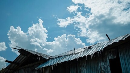 Fototapeta premium Rustic corrugated metal roof against a partly cloudy sky: weather damage poverty and decay background 