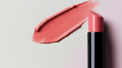 Cosmetic lipstick application with pink color swatch on a pastel background for beauty marketing and advertising content 