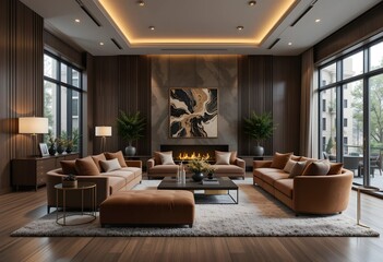 A luxury interior design mockup of a modern living room. a warm color palette with rich textures like dark wood, velvet furniture, and ambient lighting. 3d rendering. 