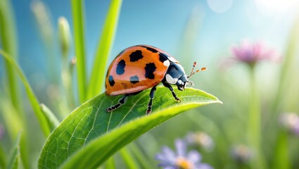 Naklejka premium Ladybug Crawling on a Green Leaf in Spring Meadow