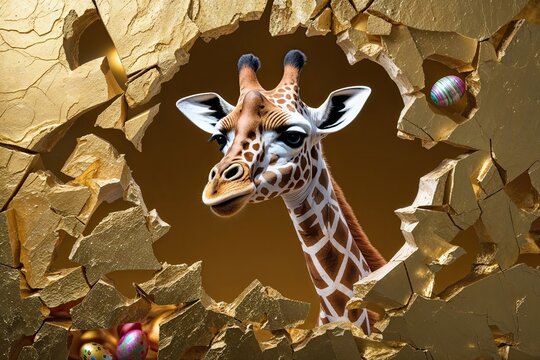 Festive Easter Artwork Featuring Playful Giraffe Gazing Through Fractured Golden Wall