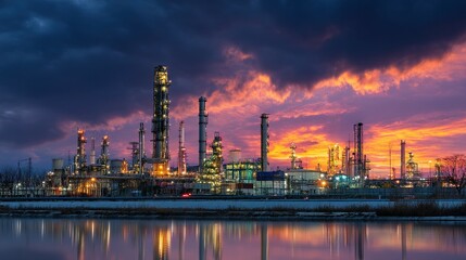 Fototapeta premium Industrial complex by a water body at sunset.