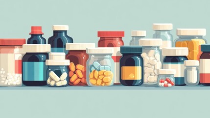 Pharmacy medicine bottles and containers on shelf