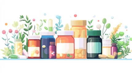 Colorful medicine bottles and pills with herbal background