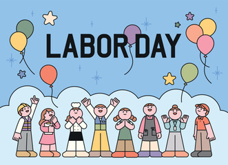 Happy Labor Day celebration with cartoon workers from various professions. Flat vector illustration with balloons and cheerful characters.