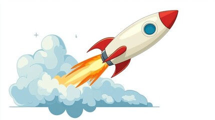 Cartoon rocket launching, space, clouds, innovation