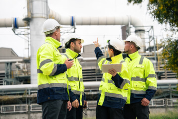 Group of engineer workers checking project at petrochemical factory or refinery oil plant industrial. Survey and inspecting for safety and quality of the production