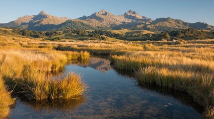 Obraz premium Tranquil river landscape golden meadow serene nature scene peaceful water