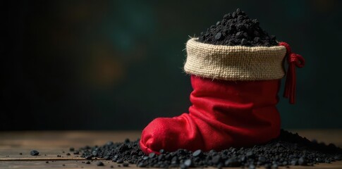 A red stocking overflowing with a burlap sack of coal , Christmas, coal, black