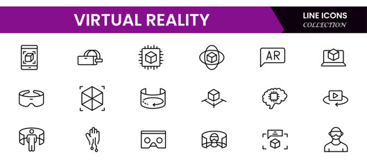 Virtual reality Icons vector illustrations with thin line contain headsets, immersive, avatar, augmented reality, controller, motion tracking, visualization, VR experience, projection.