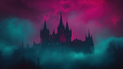 Fototapeta premium Enigmatic Castle in Foggy Twilight