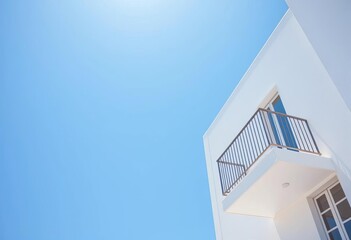 Sleek white building, balcony, vibrant blue sky Ample empty space, residential, summer