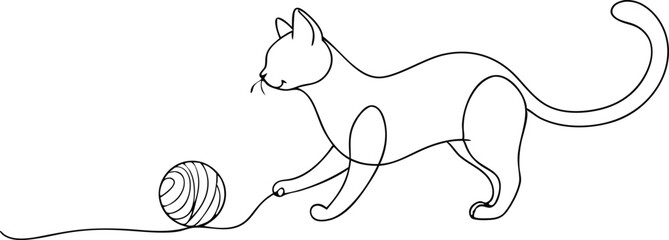 Continuous Line Drawing of Cat Playing with Yarn Ball on White Background. Simple Art