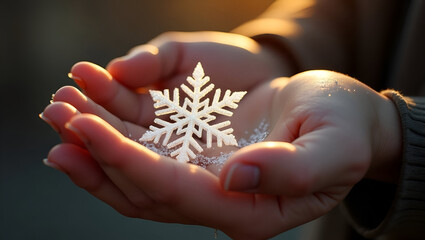 a closeup of a snow flake on a white  hand leaving copy space 