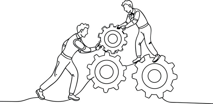 men working together on gears, black and white clip art preview