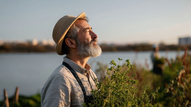Portrait of a yerba mate farmer under warm sunlight, bright foliage and calm river reflecting the sky behind, harvesters seen afar