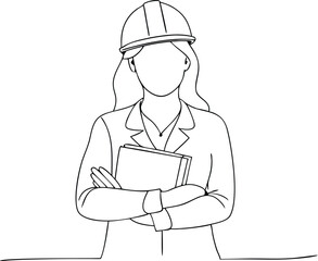 Continuous Outline of a young woman in a hard hat, holding book, arms crossed