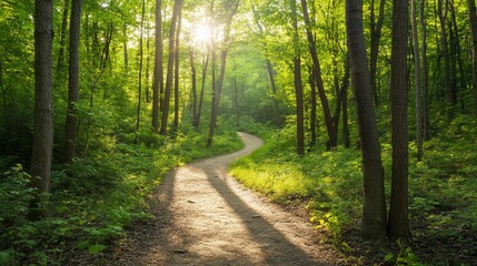 Fototapeta premium Sun-dappled pathway through a vibrant green forest offers tranquility