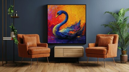 A colorful abstract swan painting, wall-mounted in a cozy nook, bringing good vibes and harmonious fortune. --chaos 20 --ar 16:9 --quality 2 --v 6.1 Job ID: 0afe8d3d-1bdc-4b8c-a402-cb66ecd99516