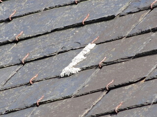 Detail of an old slate roof with lychen and rusty slate hooks - D&eacute;tail d'une vieille toiture d'ardoise avec du lychen et des crochet d'ardoise rouill&eacute;s