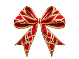 Festive gift bow, red and gold ribbon, symmetrical design, intricate pattern, shiny metallic texture, Christmas decoration, 