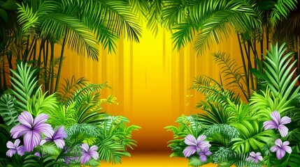 Obraz premium Enchanting tropical forest backdrop featuring vibrant purple flowers ferns and lush green foliage creating a dreamy and serene atmosphere for designers